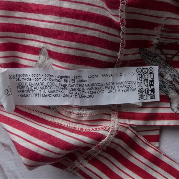 Zara Womens Red Vertical Striped Heron Bird Print Bow with Long Sleeve Blouse XS - Picture 9 of 12